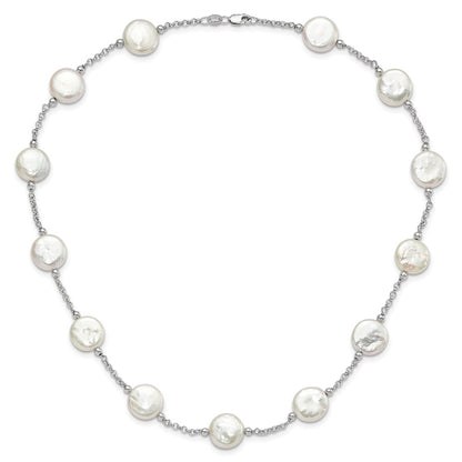 Sterling Silver Rh-Pltd 12-13mm White Coin Fwc Pearl 13-Station Necklace