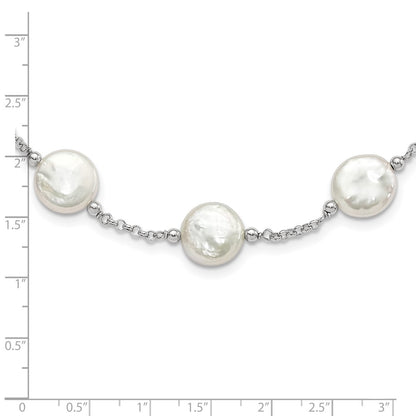 Sterling Silver Rh-Pltd 12-13mm White Coin Fwc Pearl 13-Station Necklace