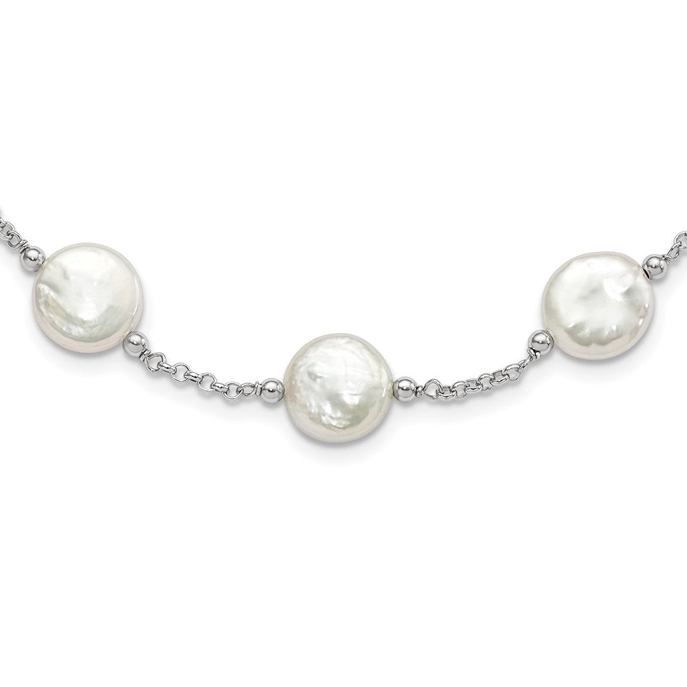 Sterling Silver Rh-Pltd 12-13mm White Coin Fwc Pearl 13-Station Necklace