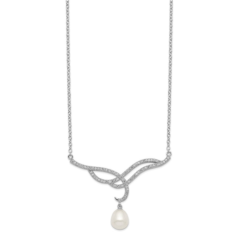 Sterling Silver Rhodium-Plated 8-9mm White Fwc Pearl Drop Cz Necklace