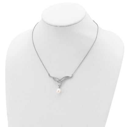 Sterling Silver Rhodium-Plated 8-9mm White Fwc Pearl Drop Cz Necklace