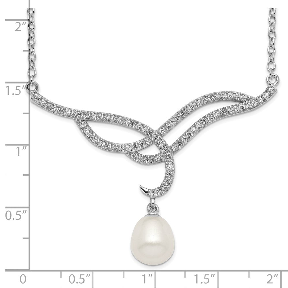 Sterling Silver Rhodium-Plated 8-9mm White Fwc Pearl Drop Cz Necklace