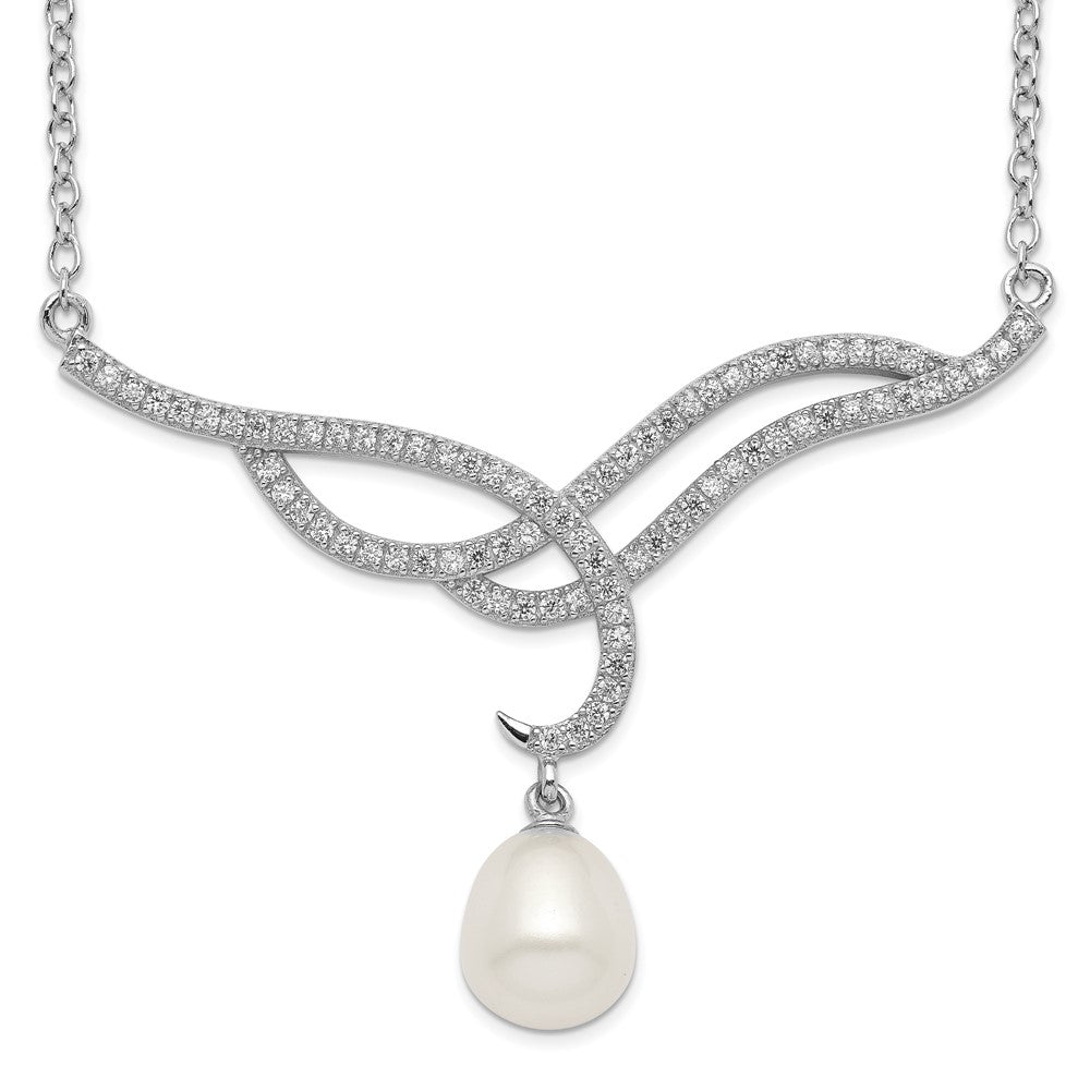 Sterling Silver Rhodium-Plated 8-9mm White Fwc Pearl Drop Cz Necklace