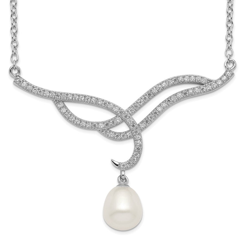 Sterling Silver Rhodium-Plated 8-9mm White Fwc Pearl Drop Cz Necklace