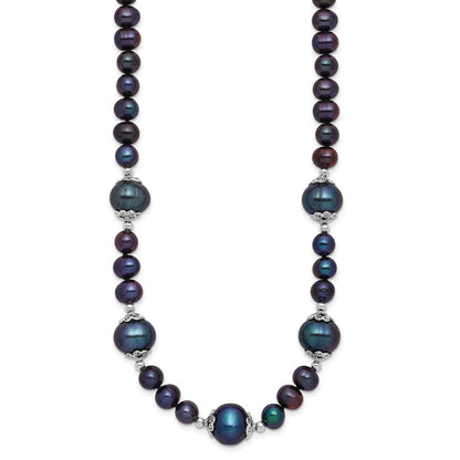 Sterling Silver Rhodium Plated 6-9mm Black Fwc Pearl 5-station Necklace