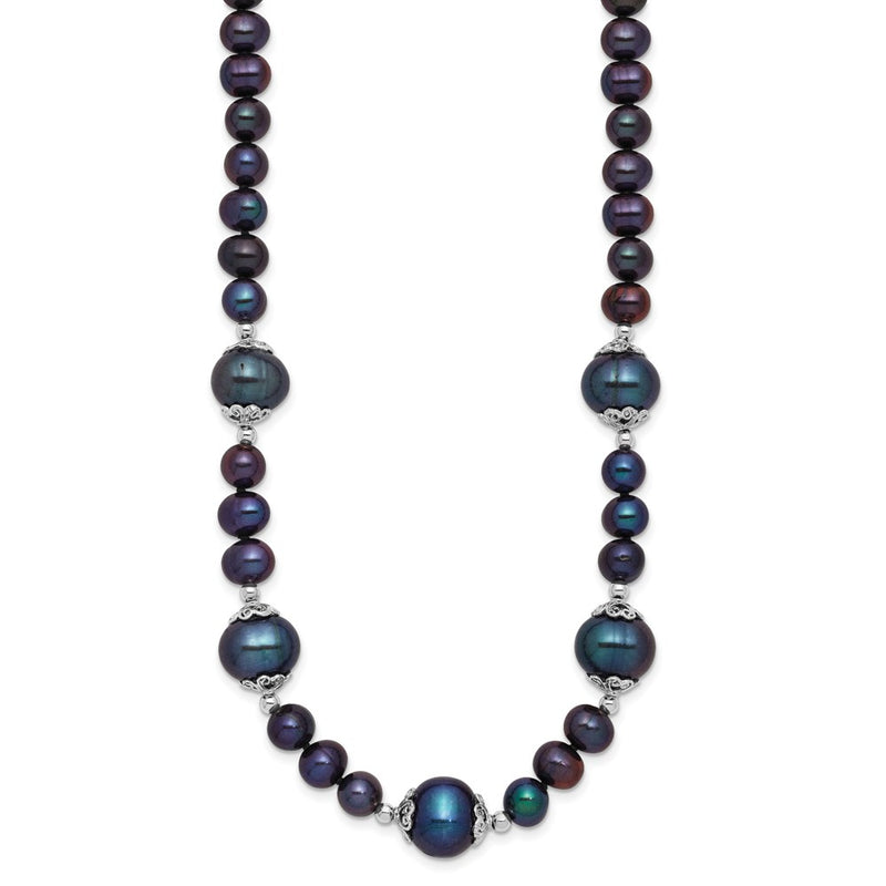 Sterling Silver Rhodium Plated 6-9mm Black Fwc Pearl 5-station Necklace
