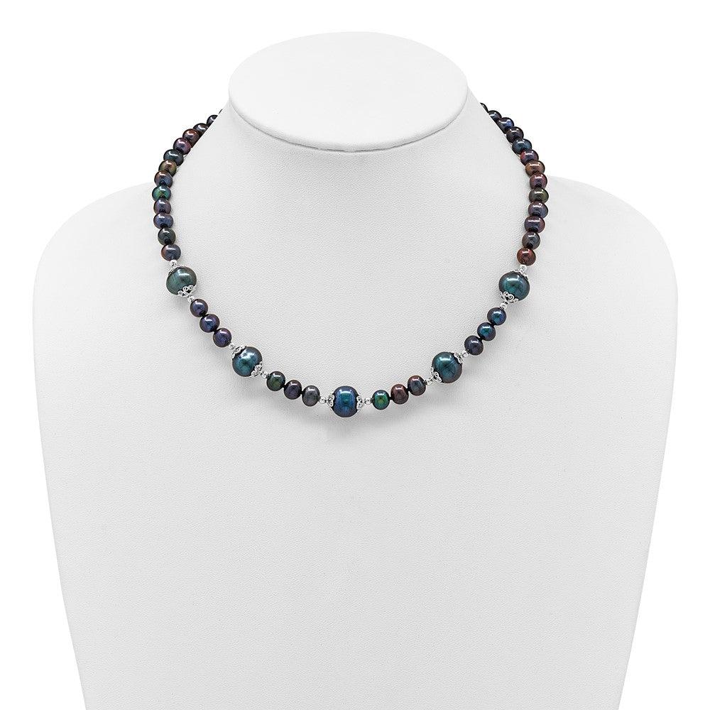 Sterling Silver Rhodium Plated 6-9mm Black Fwc Pearl 5-station Necklace