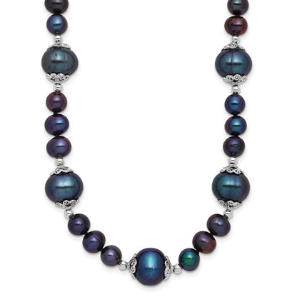 Sterling Silver Rhodium Plated 6-9mm Black Fwc Pearl 5-station Necklace