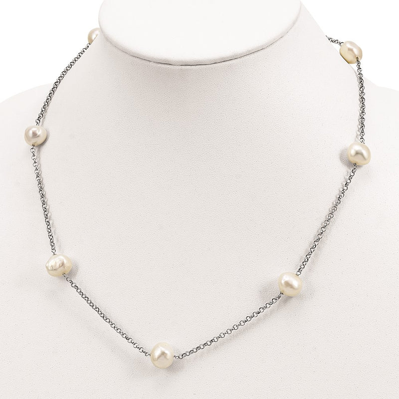 Sterling Silver Rhod-Plat 9-10mm White Baroq Fwc Pearl 7-Stat Necklace
