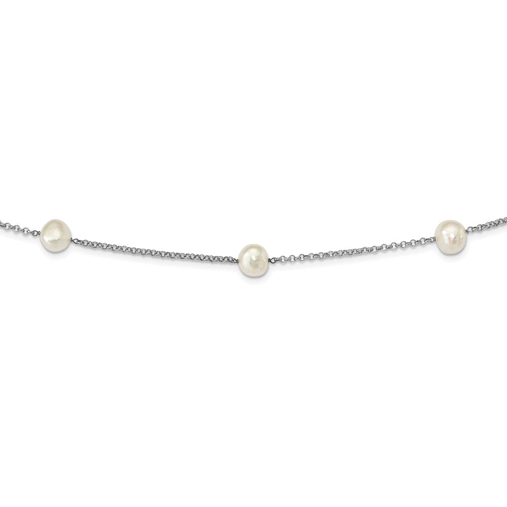Sterling Silver Rhod-Plat 9-10mm White Baroq Fwc Pearl 7-Stat Necklace