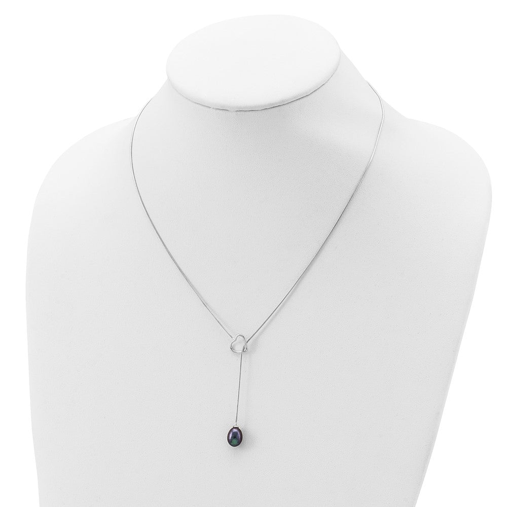 Sterling Silver Rhodium-Plated 7-8mm Black Fwc Pearl Drop Heart Necklace