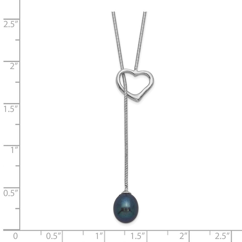 Sterling Silver Rhodium-Plated 7-8mm Black Fwc Pearl Drop Heart Necklace