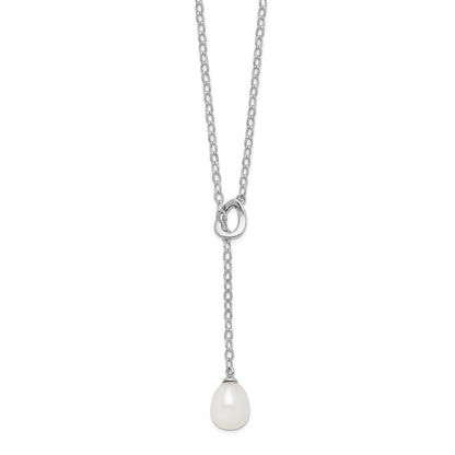 Sterling Silver Rhodium-Plated 8-9mm White Rice Fwc Pearl Adjust. Necklace
