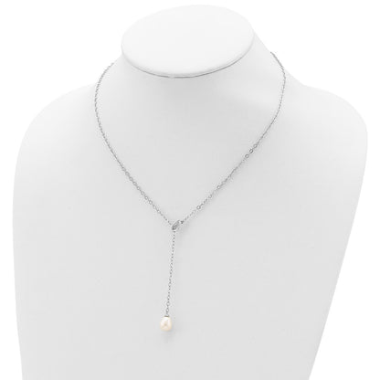 Sterling Silver Rhodium-Plated 8-9mm White Rice Fwc Pearl Adjust. Necklace