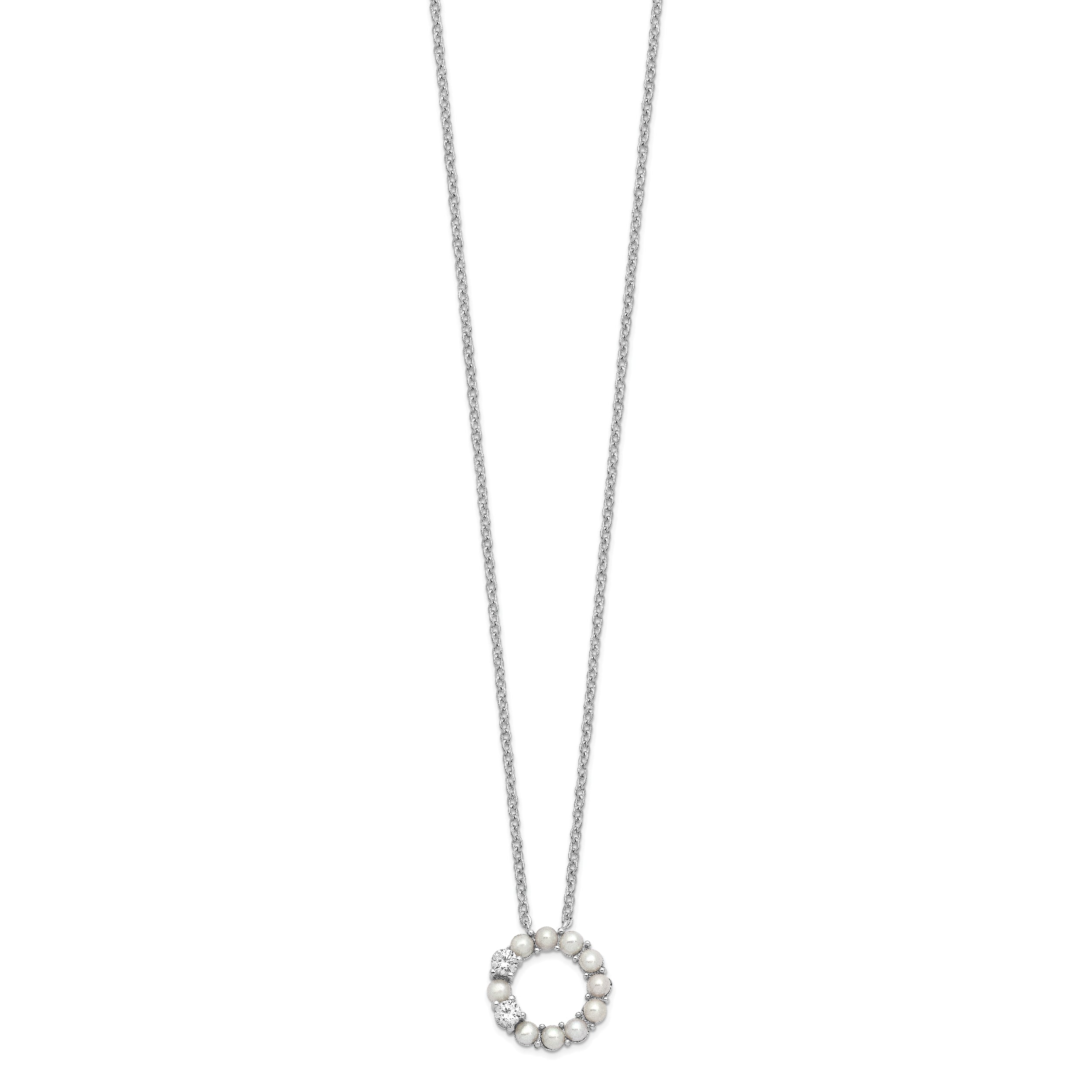 Sterling Silver Rhodium-Plated 3-3.5mm Fwc Pearl Cz 1.75In Ext Necklace