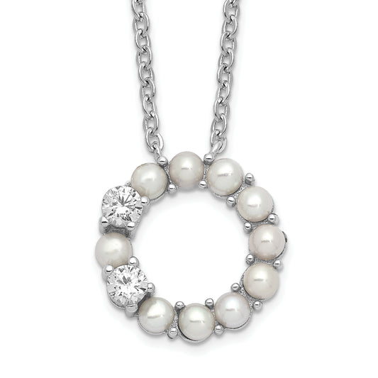 Sterling Silver Rhodium-Plated 3-3.5mm Fwc Pearl Cz 1.75In Ext Necklace