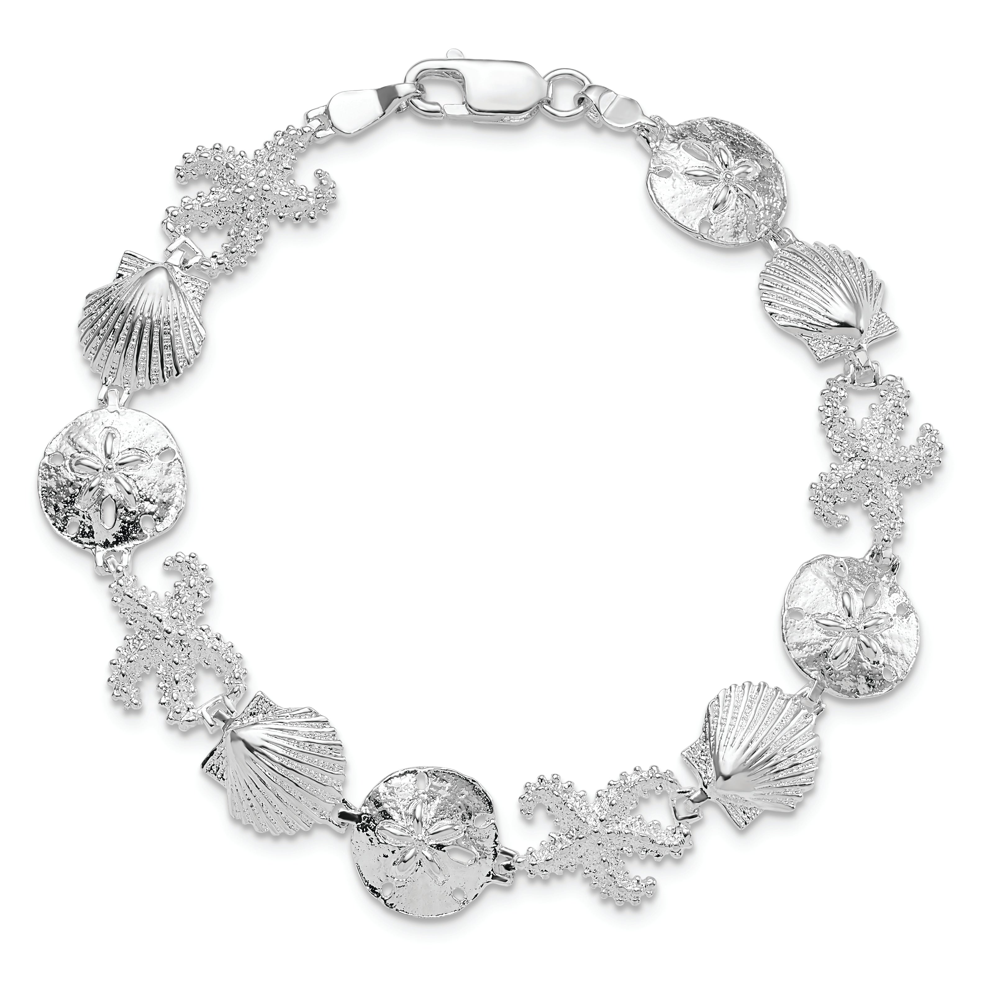 7.25 Inch De-Ani Sterling Silver Rhodium-Plated Polished Starfish / Shell Sand Dollar Bracelet
