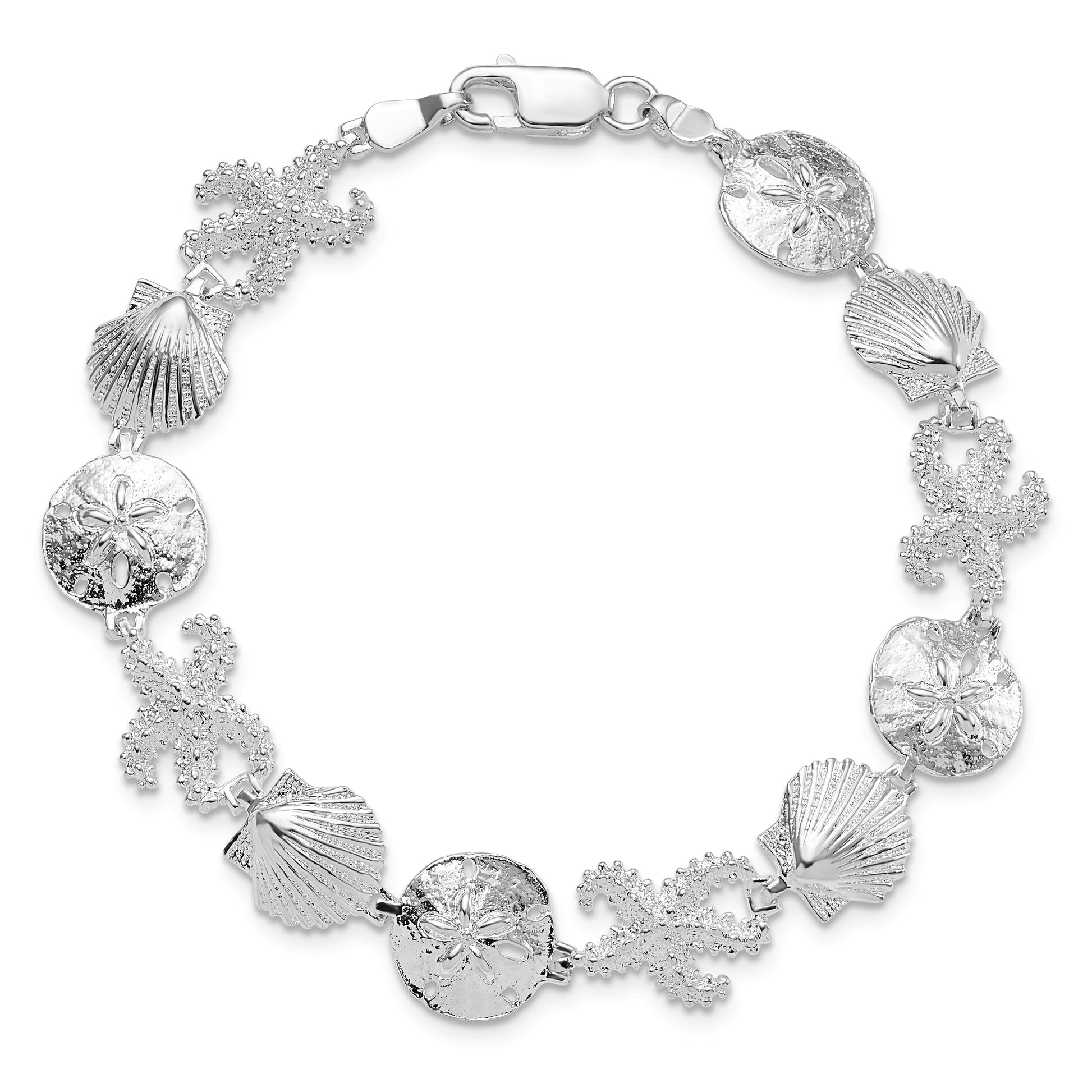 7.25 Inch De-Ani Sterling Silver Rhodium-Plated Polished Starfish / Shell Sand Dollar Bracelet
