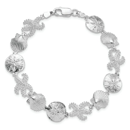 7.25 Inch De-Ani Sterling Silver Rhodium-Plated Polished Starfish / Shell Sand Dollar Bracelet