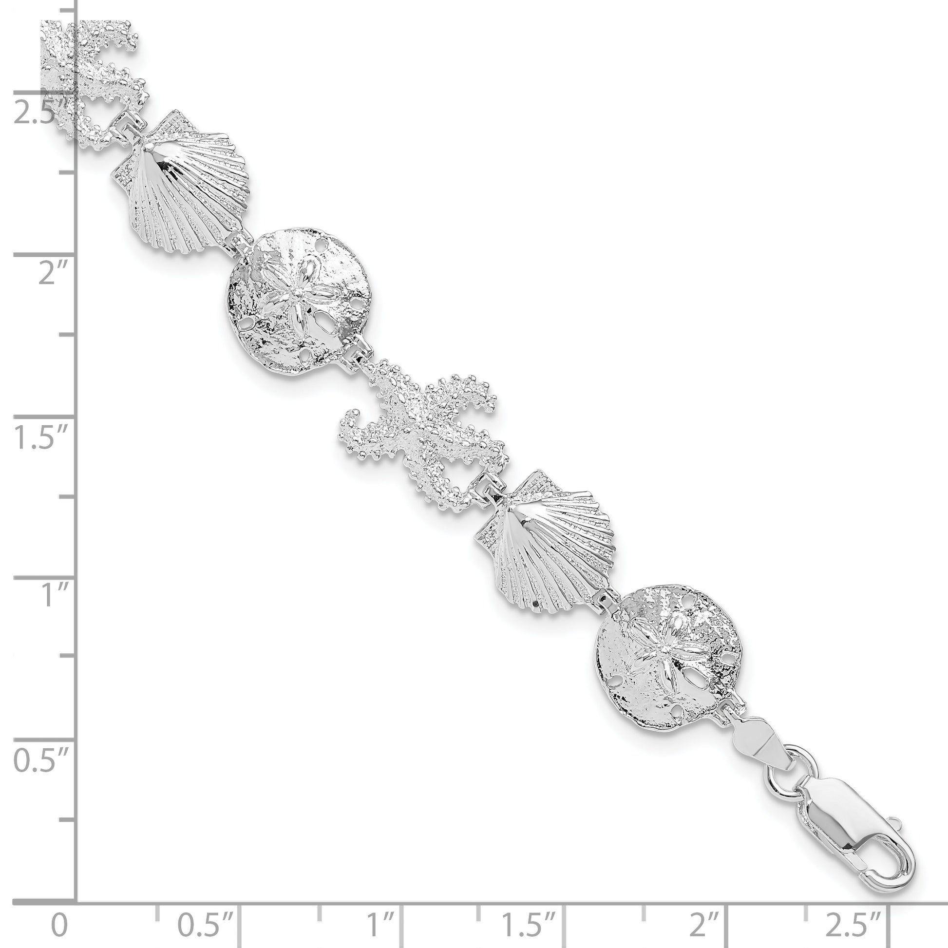 7.25 Inch De-Ani Sterling Silver Rhodium-Plated Polished Starfish / Shell Sand Dollar Bracelet