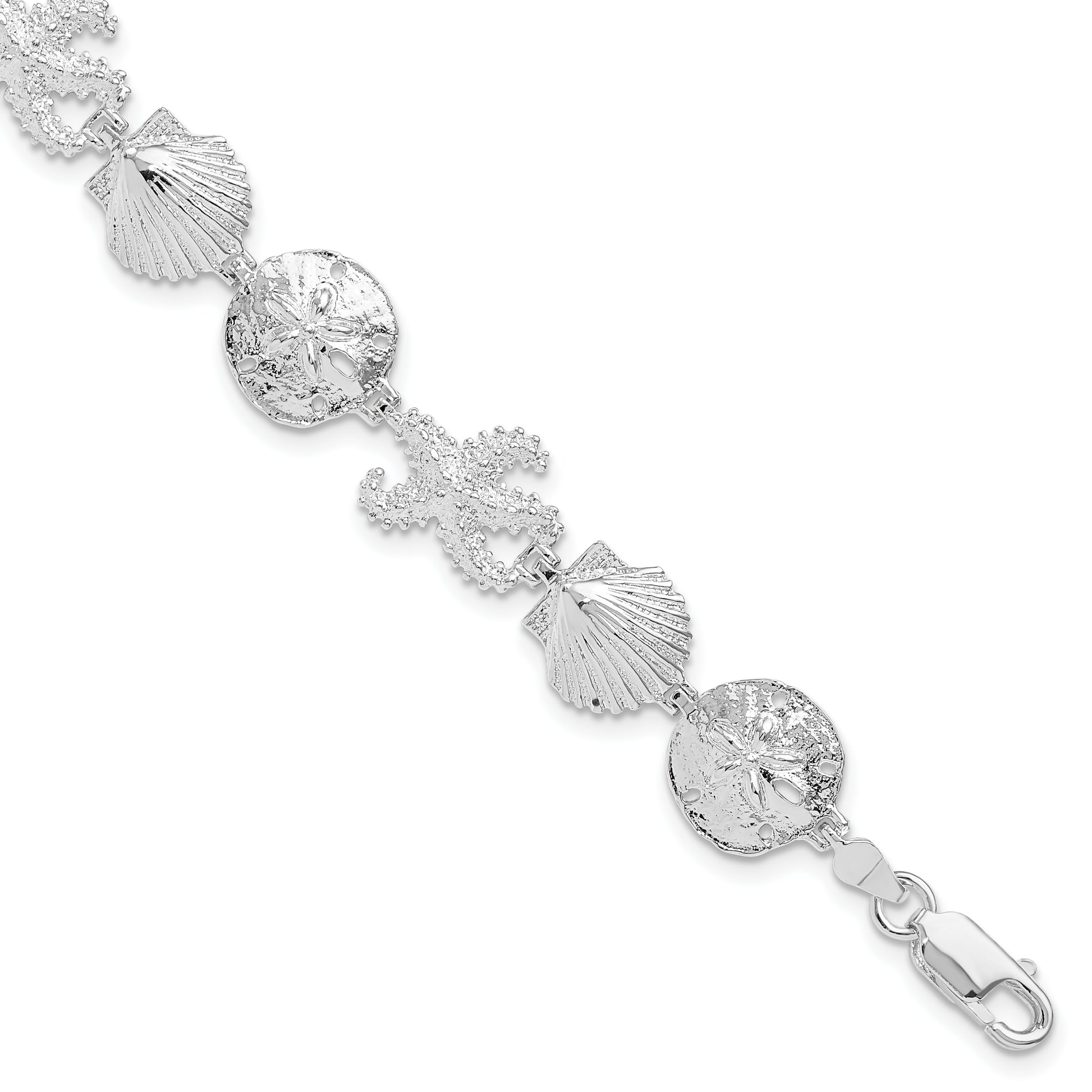 7.25 Inch De-Ani Sterling Silver Rhodium-Plated Polished Starfish / Shell Sand Dollar Bracelet