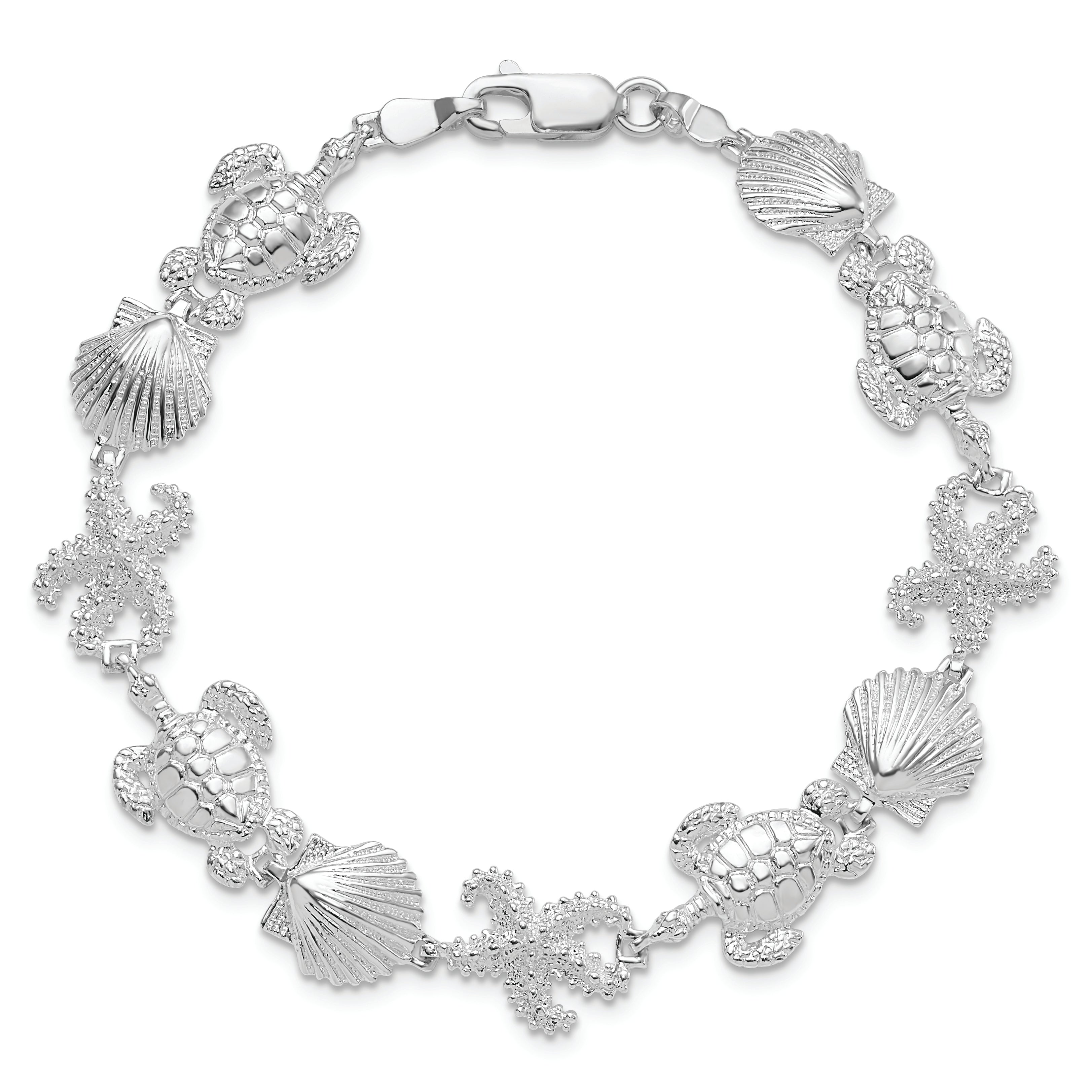 7.5 Inch De-Ani Sterling Silver Rhodium-Plated Polished Turtle / Shell Starfish Bracelet
