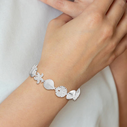 7.25 Inch De-Ani Sterling Silver Rhodium-Plated Polished Turtle / Shell Starfish Clam Bracelet