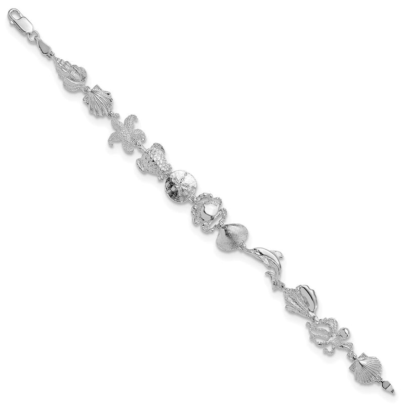 7.25 Inch De-Ani Sterling Silver Rhodium-Plated Polished Multi-Shell And Sealife Bracelet