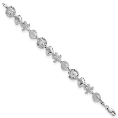 7 Inch De-Ani Sterling Silver Rhodium-Plated Polished Starfish / Shells Sand Dollar Bracelet