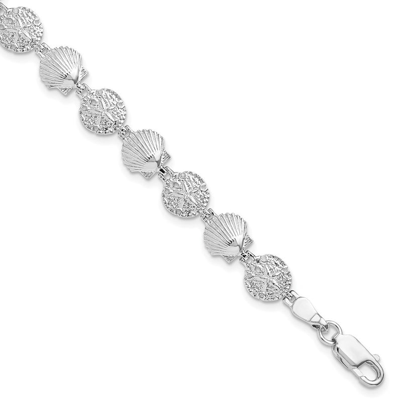 Sterling Silver De-Ani Rhodium-Plated Polished Sand Dollar And Shell 7.25 Inch Bracelet