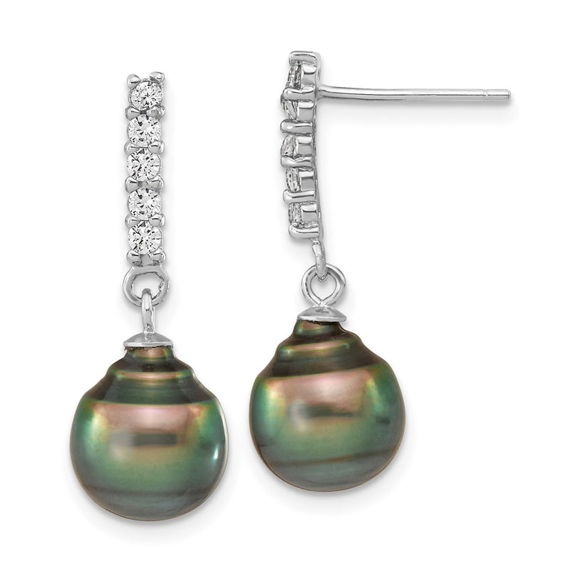 Sterling Silver Rh 9-10mm Tahitian Saltwater Pearl Cz Ear & Neck Set