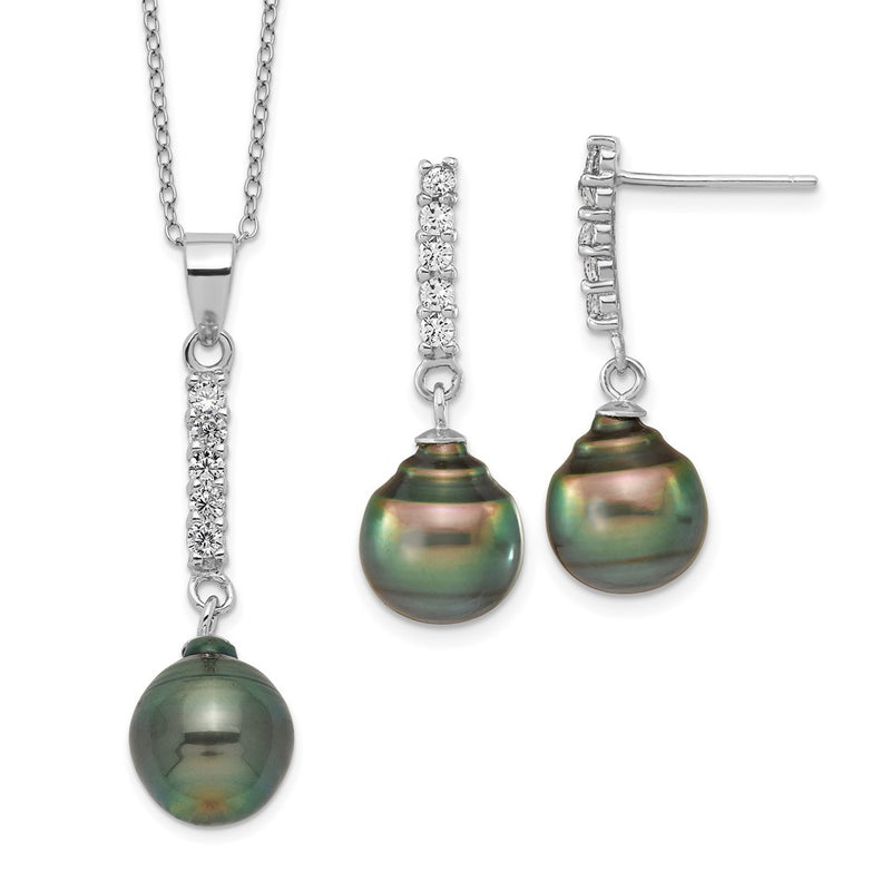 Sterling Silver Rh 9-10mm Tahitian Saltwater Pearl Cz Ear & Neck Set