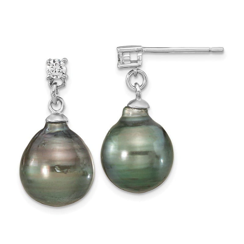 Sterling Silver Rh 9-10mm Teardrop Tahitian Saltwater Pearl Cz Ear&Neck Se