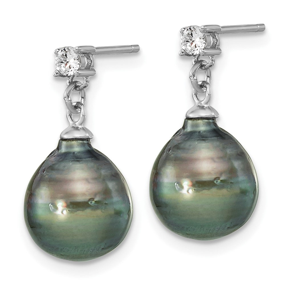 Sterling Silver Rh 9-10mm Teardrop Tahitian Saltwater Pearl Cz Ear&Neck Se