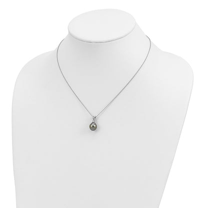 Sterling Silver Rh 9-10mm Teardrop Tahitian Saltwater Pearl Cz Ear&Neck Se
