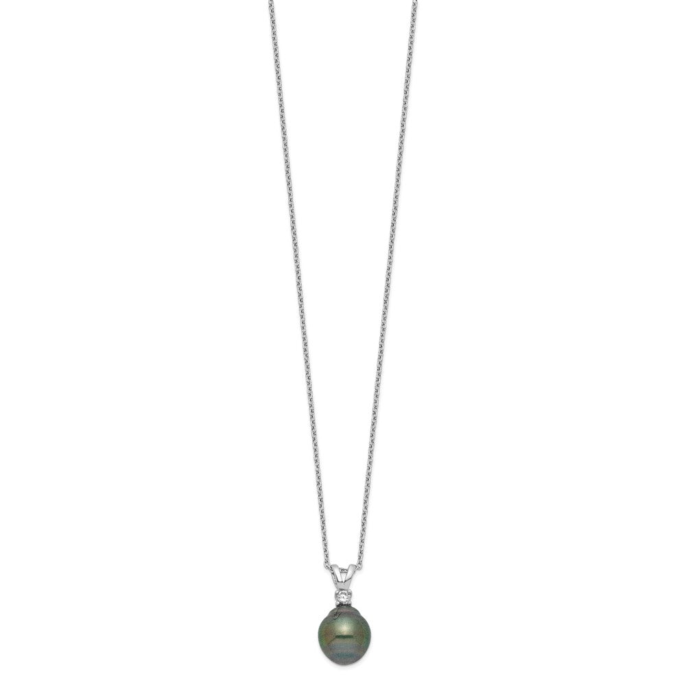 Sterling Silver Rh 9-10mm Teardrop Tahitian Saltwater Pearl Cz Ear&Neck Se