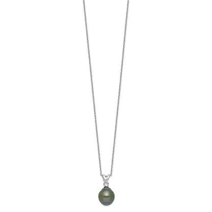 Sterling Silver Rh 9-10mm Teardrop Tahitian Saltwater Pearl Cz Ear&Neck Se