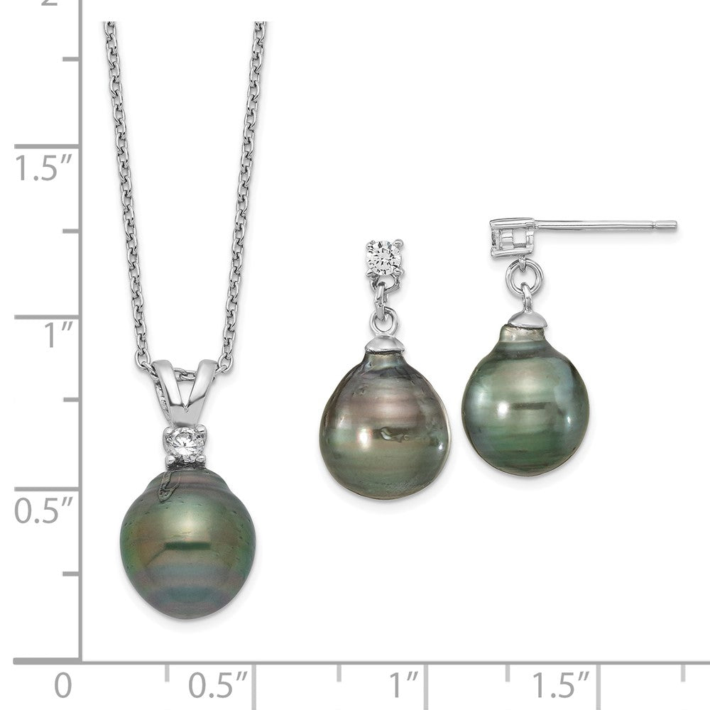 Sterling Silver Rh 9-10mm Teardrop Tahitian Saltwater Pearl Cz Ear&Neck Se