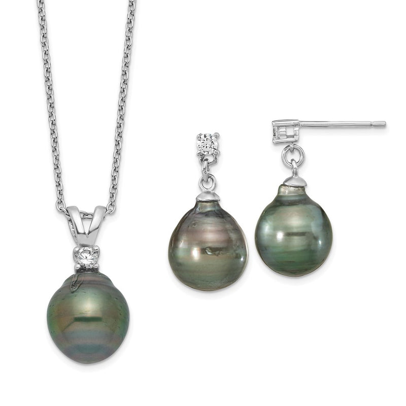Sterling Silver Rh 9-10mm Teardrop Tahitian Saltwater Pearl Cz Ear&Neck Se