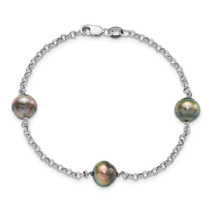 7.5 Inch Sterling Silver Rhodium 8-9mm Baroque 3Stat Tahit Saltwater Pearl Bracelet