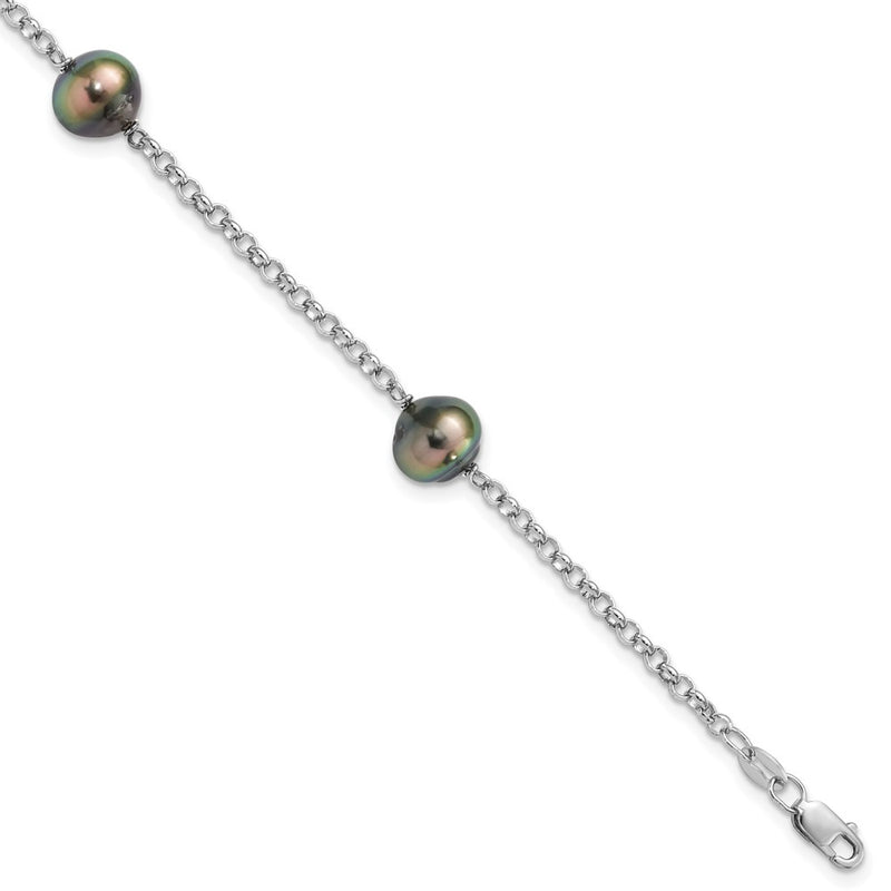 7.5 Inch Sterling Silver Rhodium 8-9mm Baroque 3Stat Tahit Saltwater Pearl Bracelet