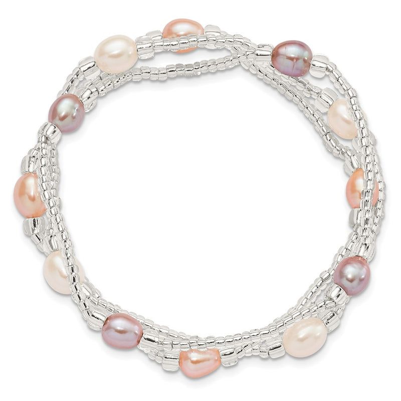 Fashion 6-8mm White/Pink/Purple Rice Freshwater Cultured Pearl And Glass Bead Stretch 3-Bracelet Set