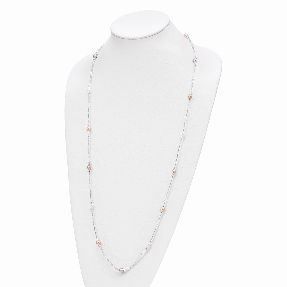 Non Metal 5-7mm White/Pink/Purple Rice Freshwater Cultured Pearl And Glass Bead Slip-On 35.5 Inch Necklace