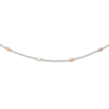 Non Metal 5-7mm White/Pink/Purple Rice Freshwater Cultured Pearl And Glass Bead Slip-On 35.5 Inch Necklace