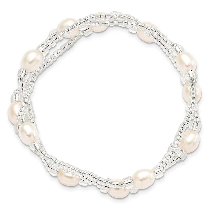 Fashion 6-8mm White Rice Freshwater Cultured Pearl And Glass Bead Stretch 3-Bracelet Set