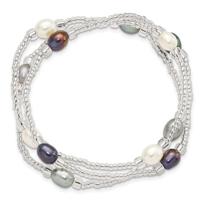 Fashion 6-8mm White/Black/Grey Rice Freshwater Cultured Pearl And Glass Bead Stretch 3-Bracelet Set