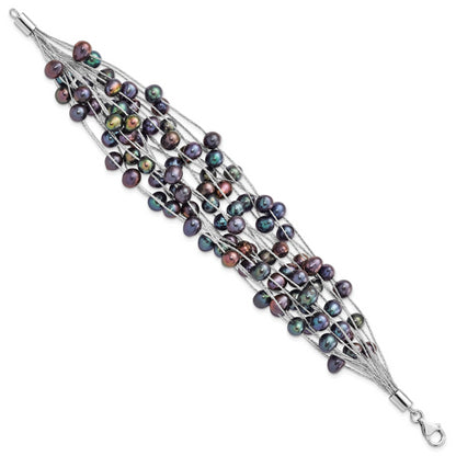7.5 Inch Sterling Silver Rh-Pl 6-7mm Black Off-Round Fwc Pearl Multi-Strand Bracelet