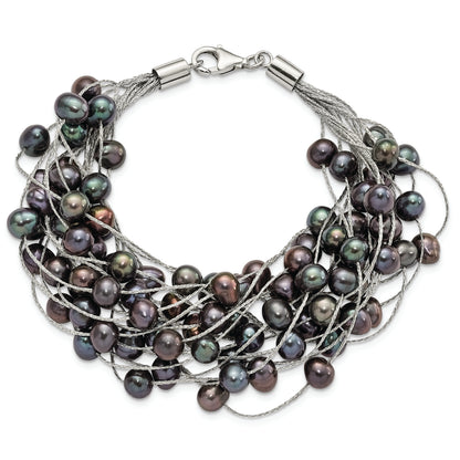 7.5 Inch Sterling Silver Rh-Pl 6-7mm Black Off-Round Fwc Pearl Multi-Strand Bracelet
