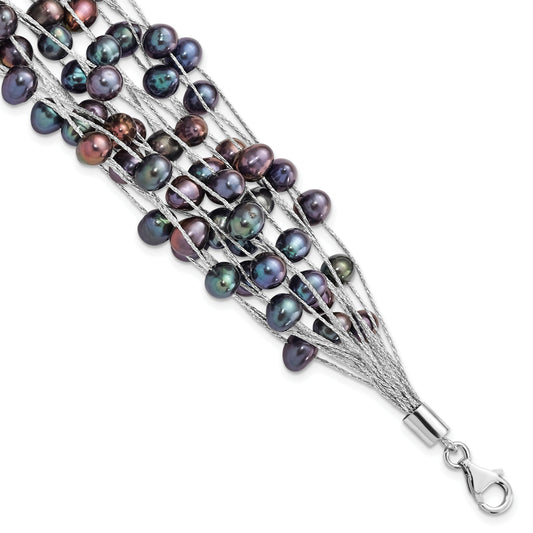 7.5 Inch Sterling Silver Rh-Pl 6-7mm Black Off-Round Fwc Pearl Multi-Strand Bracelet