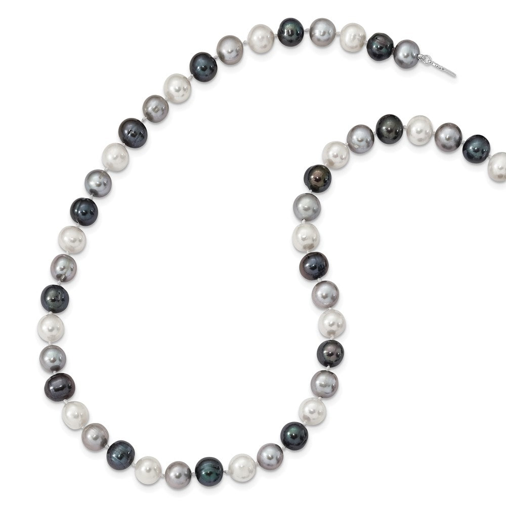 Sterling Silver Rh-Pl 8-9mm Bk/Gr/Wt Semi-Round Fwc Pearl Necklace
